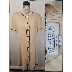 St. John Collection Short Sleeve Santana Knit Button-Up Dress SZ 14 Shoulder Pad